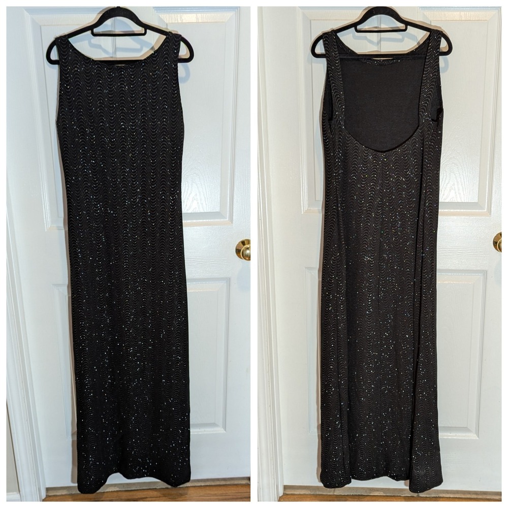 Old Hollywood Black Glitter Wave Maxi‎ Gown Sleeveless Formal Dress Size 14 VTG